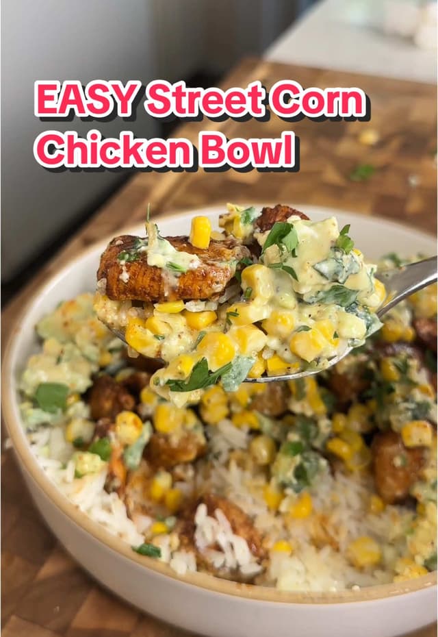 SAVE THIS ‼️ High Protein Street Corn Chicken Bowl 😍 (recipe 👇🏽)  EXQUISITE EATS!!! My debut cookbook is now available for preorder!!! 85+ delicious and healthy recipes to help you achieve your goals! Link in my bio 🙌🏼❤️ Macros per serving (1 cup rice per serving) (X3): 590 Calories |55g P | 47g C | 17g F For the chicken: 1.5lbs chicken breast, cubed Salt & Pepper, to taste 1 teaspoon Garlic powder 1 tsp chili powder 1 tsp paprika  1/4 tsp cumin Olive oil, 1 tbsp to marinate Avocado oil spray, t