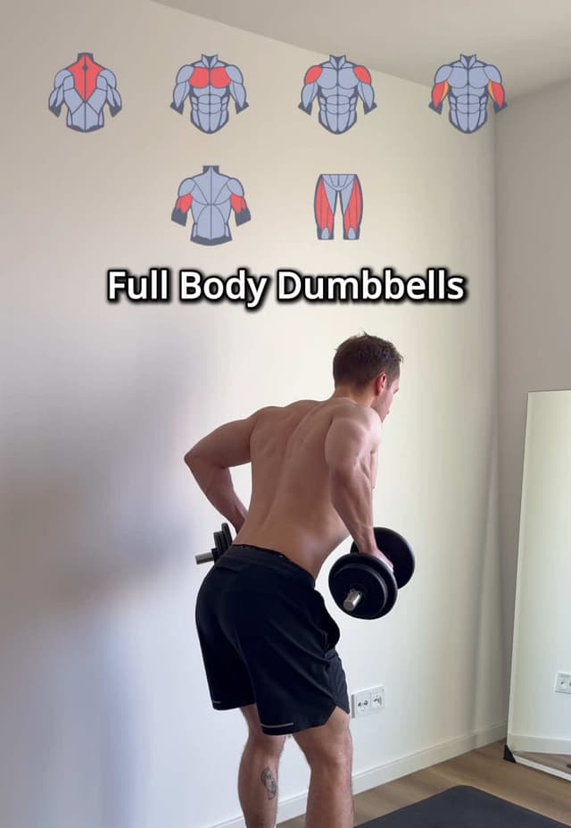 Train your whole body with Dumbbells at home 💪 One exercise per musclegroup✅ Save & repeat!  #fullbodyworkout #dumbbellworkout #fitnessroutine #homeworkout #strengthtraining 
